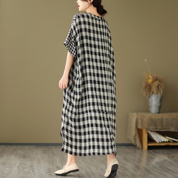 Women's Linen Dress Summer Casual Loose Gingham Midi Cotton Flowy - Picture 2 of 7
